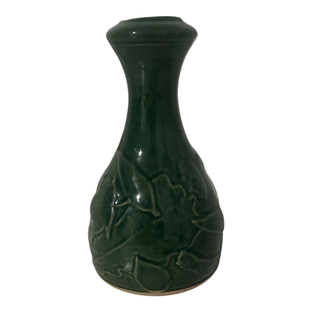Vintage Rowe Pottery Works Green Maple Leaves Stoneware Vase 6" 3D Design